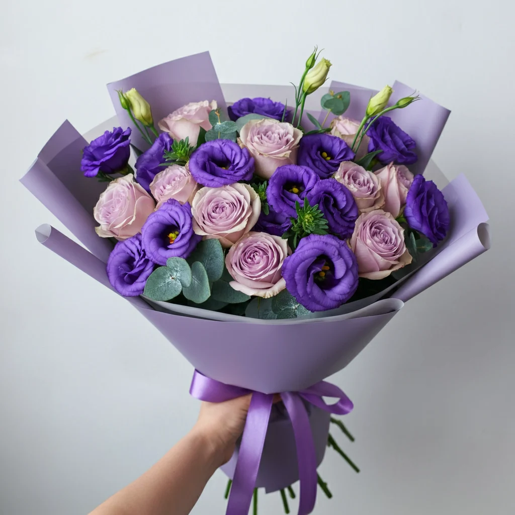 Mimo de Lisianthus roxos e rosas